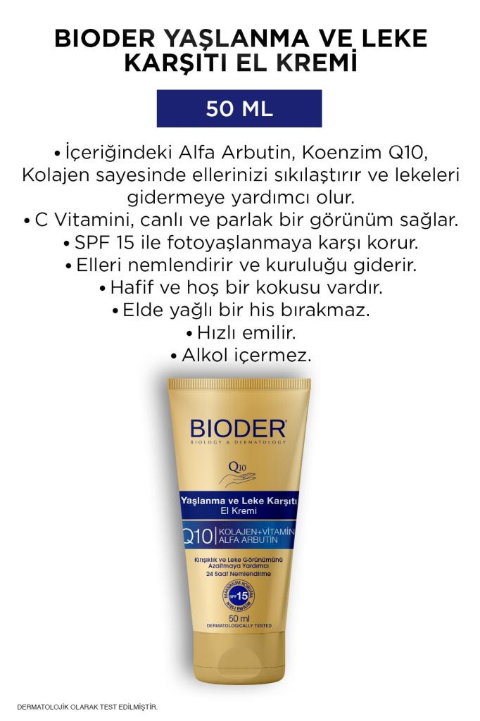 Bıoder Yaşlanma Kırışıklık ve Leke Karşıtı El Kremi SPF 15 50 Ml