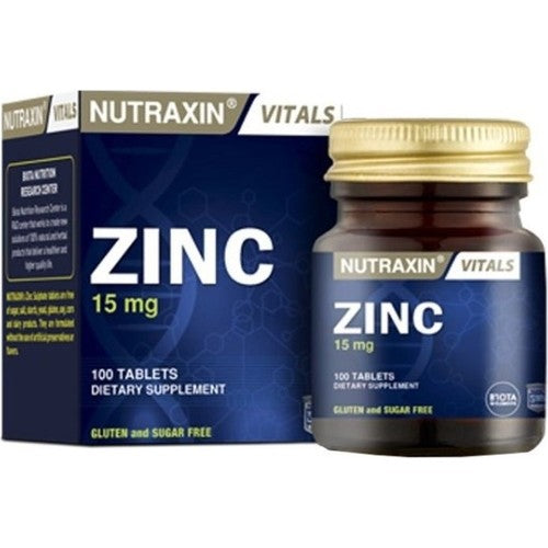 Nutraxin 100 Tablet Çinko Takviyesi - 15 mg, Gluten ve Şeker İçermez, Türkiye Menşeli