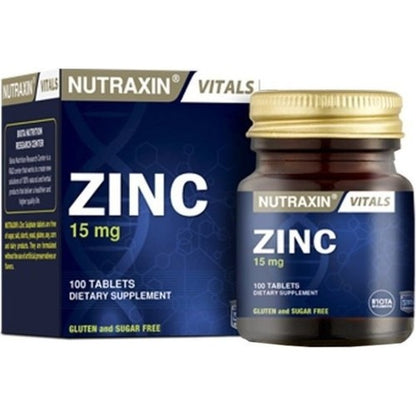 Nutraxin 100 Tablet Çinko Takviyesi - 15 mg, Gluten ve Şeker İçermez, Türkiye Menşeli