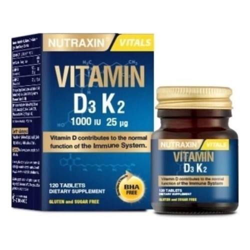 Nutraxin Vitamin D3 K2 Takviye Edici Gıda - 120 Tablet, 1000 IU D3 ve 25 mcg K2 Vitamini, Türkiye Menşeli