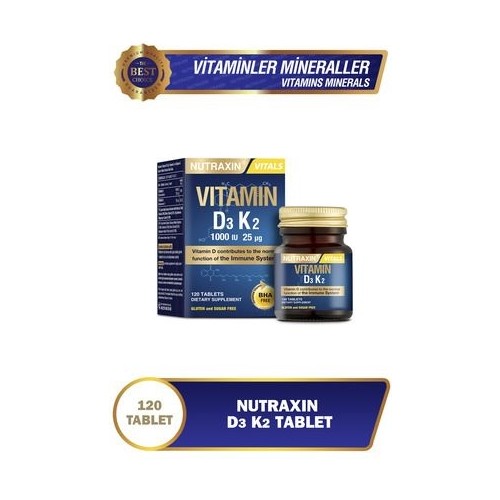 Nutraxin Vitamin D3 K2 Takviye Edici Gıda - 120 Tablet, 1000 IU D3 ve 25 mcg K2 Vitamini, Türkiye Menşeli