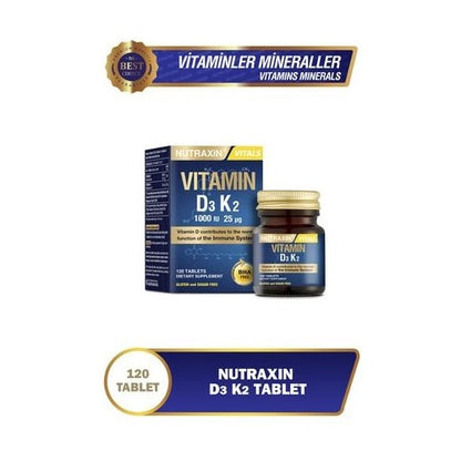 Nutraxin Vitamin D3 K2 Takviye Edici Gıda - 120 Tablet, 1000 IU D3 ve 25 mcg K2 Vitamini, Türkiye Menşeli