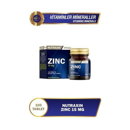 Nutraxin 100 Tablet Çinko Takviyesi - 15 mg, Gluten ve Şeker İçermez, Türkiye Menşeli