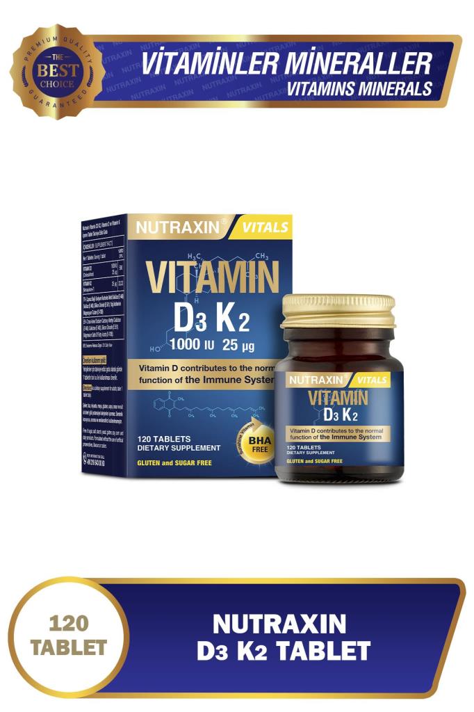 Nutraxin Vitamin D3 K2 Takviye Edici Gıda - 120 Tablet, 1000 IU D3 ve 25 mcg K2 Vitamini, Türkiye Menşeli