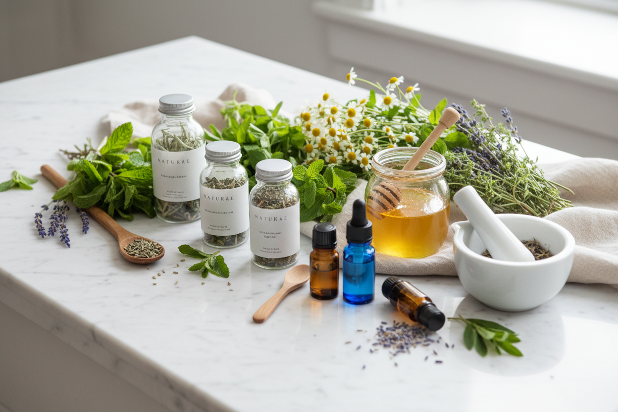 doğal ürünler, sağlık ve şifayı betimleyen bir görsel