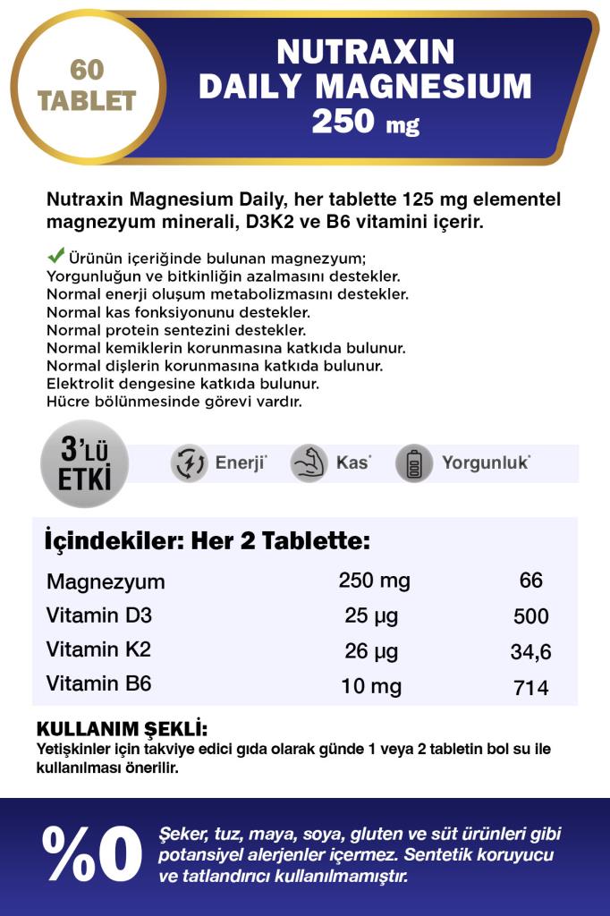 Nutraxın Magnezyum Daily Energy 250 Mg 60 Tablet