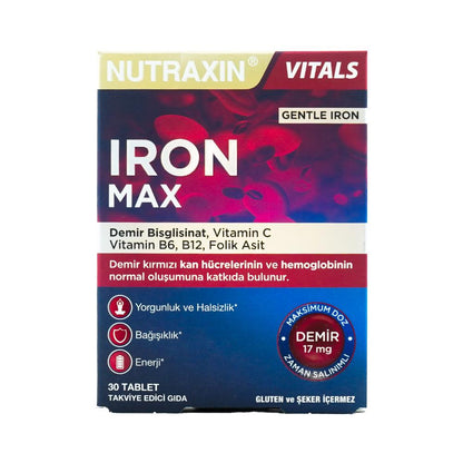 نيوتراكسين أيرون ماكس أيرون فيتامين سي بي 6 بي 12 حمض الفوليك 30 قرصًا