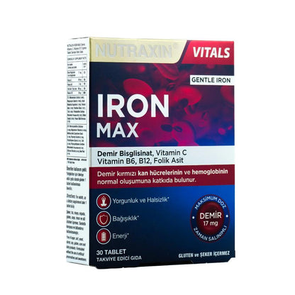نيوتراكسين أيرون ماكس أيرون فيتامين سي بي 6 بي 12 حمض الفوليك 30 قرصًا